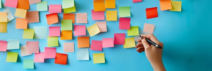 Poster - Hand organizes a chaotic array of colorful sticky notes on a blue background, symbolizing multitasking, stress, and time management in a busy work environment