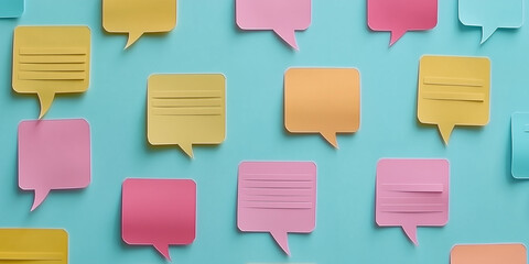 Poster - Colorful paper speech bubbles on a blue background creating a playful and engaging atmosphere for communication and expression in design concepts