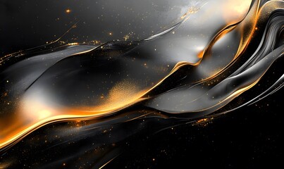 Poster - Abstract swirling fluid with golden streaks and scattered sparkles on a dark background