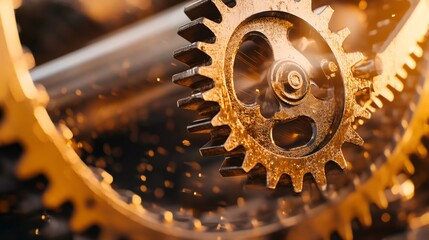 Poster - Golden gears are interlocked and rotating, showcasing precision engineering and industrial mechanisms with sparks flying around, creating a dynamic visual representation of power and efficiency