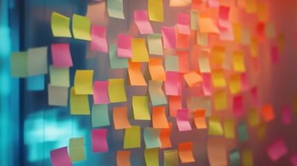 Poster - Chaotic array of colorful sticky notes covers a glass surface, symbolizing the stress and complexity of multitasking and time management in a fast paced work environment