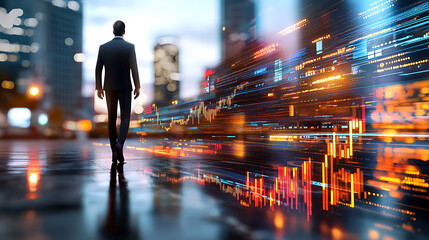 Poster - Business leader walking towards data-driven future in urban landscape high-tech environment inspirational viewpoint