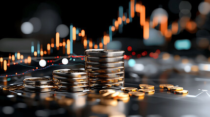 Poster - Investment insights analyzing financial trends with stacked coins digital graph market analysis office environment