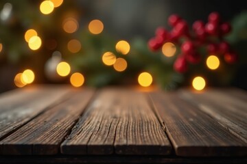 Wall Mural - Empty wooden tabletop with blurred Christmas lights, photography, holiday lights