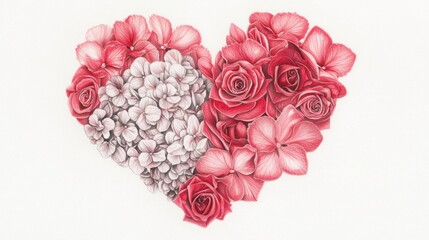 Wall Mural - a delicate pencil sketch of pink hydrangeas and red roses forming a heart, with realistic shading an