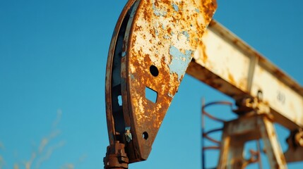 Poster - Close up view of a rusty oil pump jack against a clear blue sky, highlighting the aging infrastructure and environmental concerns associated with fossil fuel extraction