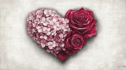 Poster - A dreamy pencil sketch of a heart-shaped floral design featuring soft pink hydrangeas and bold red roses, full of elegant details