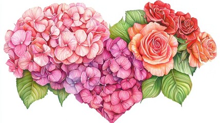 Poster - A fine-line pencil drawing of a heart made from blooming pink hydrangeas and red roses, with subtle shading.