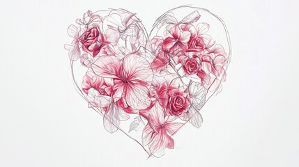 Poster - A fine-line pencil drawing of a heart made from blooming pink hydrangeas and red roses, with subtle shading.