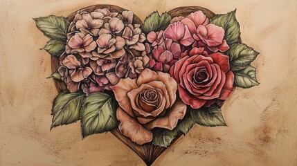 Poster - A fine-line pencil drawing of a heart made from blooming pink hydrangeas and red roses, with subtle shading.