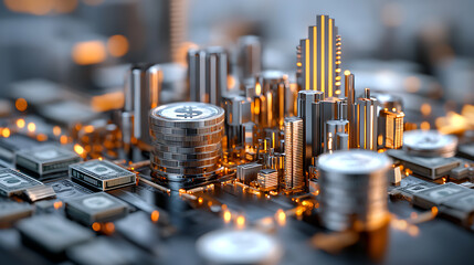 Poster - Dynamic financial cityscape urban environment 3d render business concept high-tech viewpoint