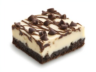 Wall Mural - Delicious chocolate chip cheesecake brownie square on a white surface