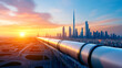 © F-STUDIO - A stunning sunset view over a city skyline with a prominent pipeline leading towards the horizon, showcasing modern infrastructure and urban development.