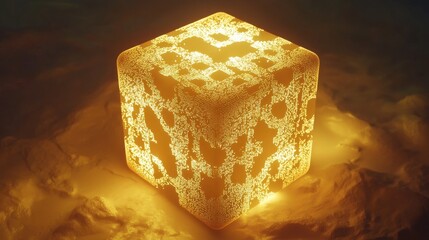 Poster - A sleek low-poly golden cube, glowing with intricate geometric facets.