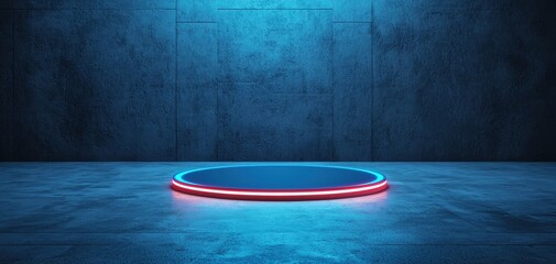 Poster - A neon-lit podium in an empty, dark room showcasing modern design aesthetics.