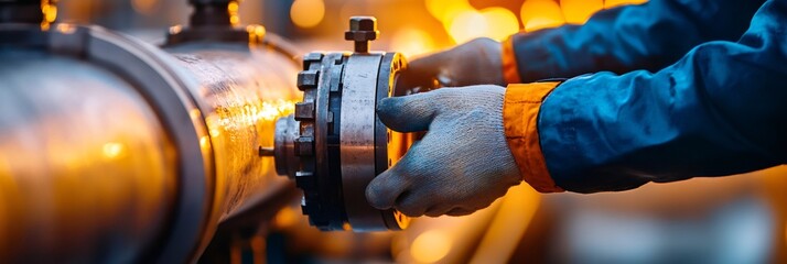 Poster - Oil industry worker wearing protective gloves carefully adjusts a valve on a large pipeline within a refinery, ensuring the smooth flow and control of oil processing