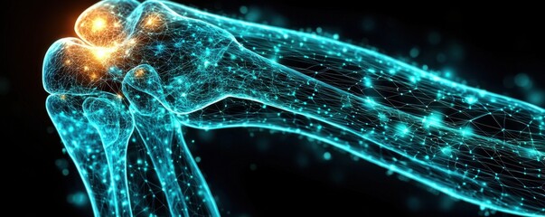 Poster - digital representation of a human knee joint with vibrant neural connections