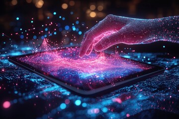 Poster - Futuristic hand interacting with glowing tablet surrounded by digital holograms