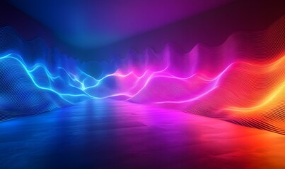 Poster - Abstract neon waves in a gradient background creating a vibrant futuristic scene