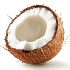 Wall Mural - Close-up of a fresh coconut half, showcasing the white flesh and textured shell, isolated on a white background.