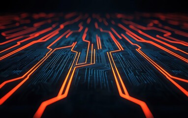 Poster - Abstract circuit board design with glowing lines in blue and orange colors.