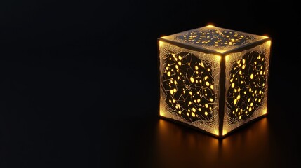 Poster - A sleek low-poly golden cube, glowing with intricate geometric facets.