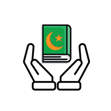 Ramadan icon. Islamic holy book vector in hand. reading, reciting, recitations, studying. activities in the holy month of Ramadan. Mixed design style
