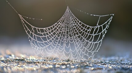 Dewdrops adorn a spiders intricate web glistening in morning light