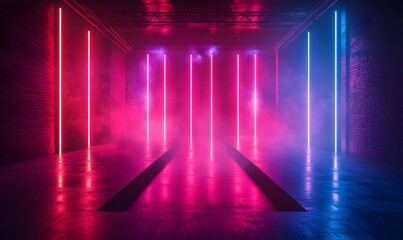 Aufkleber - Abstract scene with vertical neon lights and smoke creating a cyberpunk atmosphere