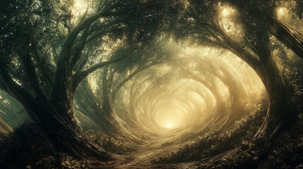 Poster - An enchanted fractal forest, where trees morph into spiraling energy fields.