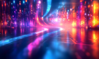 Poster - Abstract futuristic glowing pathway with bright city lights digital art  background