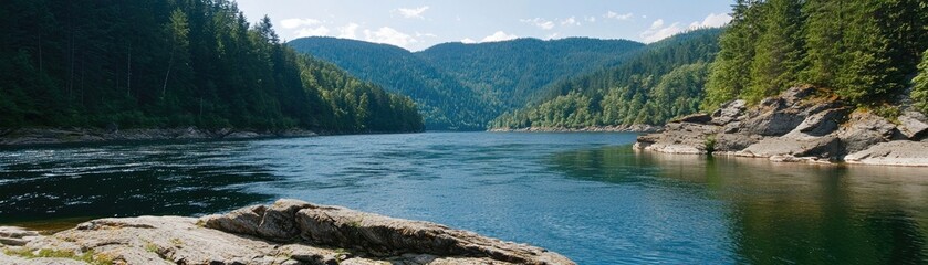 Wall Mural - Serene river, mountains, forest backdrop.  Travel, nature