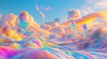 Poster - A surreal fractal dreamscape with floating liquid-like rainbow structures