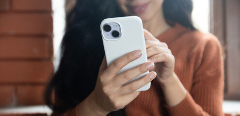 Wall Mural - woman hands using smartphone close up