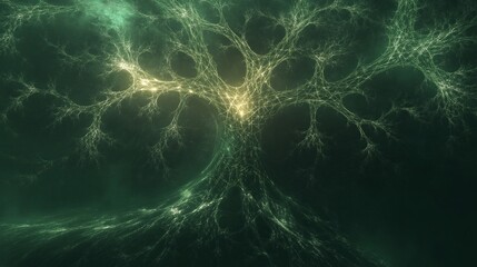 Poster - A mystical fractal tree of life, with glowing roots extending into infinity.