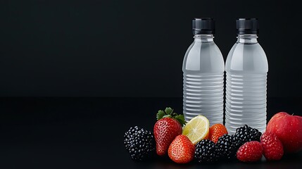 Wall Mural - Two water bottles are placed alongside fresh fruits, including strawberries, blackberries, and a lemon, against a dark background.