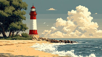 Wall Mural - Coastal Lighthouse Scene With Sandy Beach And Waves