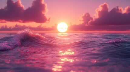 Wall Mural - Pink Sunset Over Ocean Waves Gentle Breeze