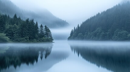 Wall Mural - Misty Mountain Lake Reflected Trees Serenity