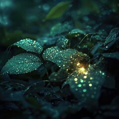 Wall Mural - Dewdrops Glimmer on Dark Green Forest Leaves