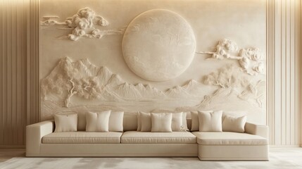 Wall Mural - Beige sectional sofa against serene 3D moon landscape wall art in modern interior