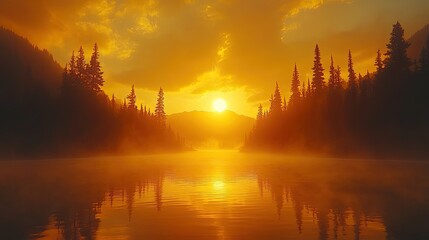 Wall Mural - Golden Sunrise Over Misty Mountain Lake And Trees