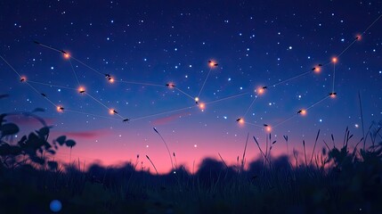 Wall Mural - Firefly Constellation Illuminates Night Sky Over Grassland