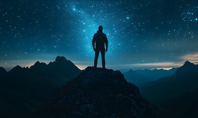 Wall Mural - Silhouette of a person standing on a peak with a star filled sky above during the night time