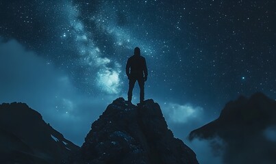 Wall Mural - A silhouette of a person standing on a peak against a night sky with stars and clouds