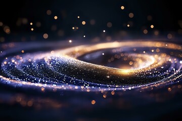 Poster - Magical glowing wave of sparkling particles flowing in dark space with golden light streaks and bokeh effect creating ethereal atmosphere.