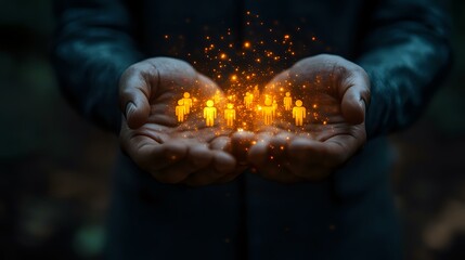 Poster - Glowing magical miniature city floating above cupped hands with sparkles and light particles, creating mystical atmosphere against dark background. Fantasy concept for hope and dreams.