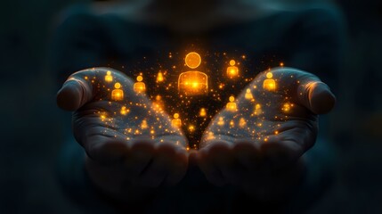 Poster - Glowing orange spirit figures floating above cupped hands in dark mystical setting, magical energy particles and light effects create ethereal atmosphere.