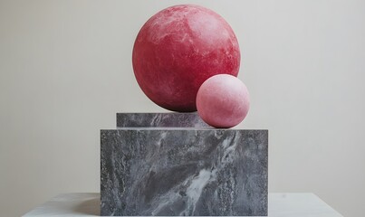 Poster - Two spheres, one red and one pink, rest on stacked gray marble platforms against a light background