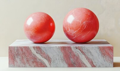 Poster - Two Smooth Red Spheres Resting on a Marbled Rectangular Platform against a Cream Background